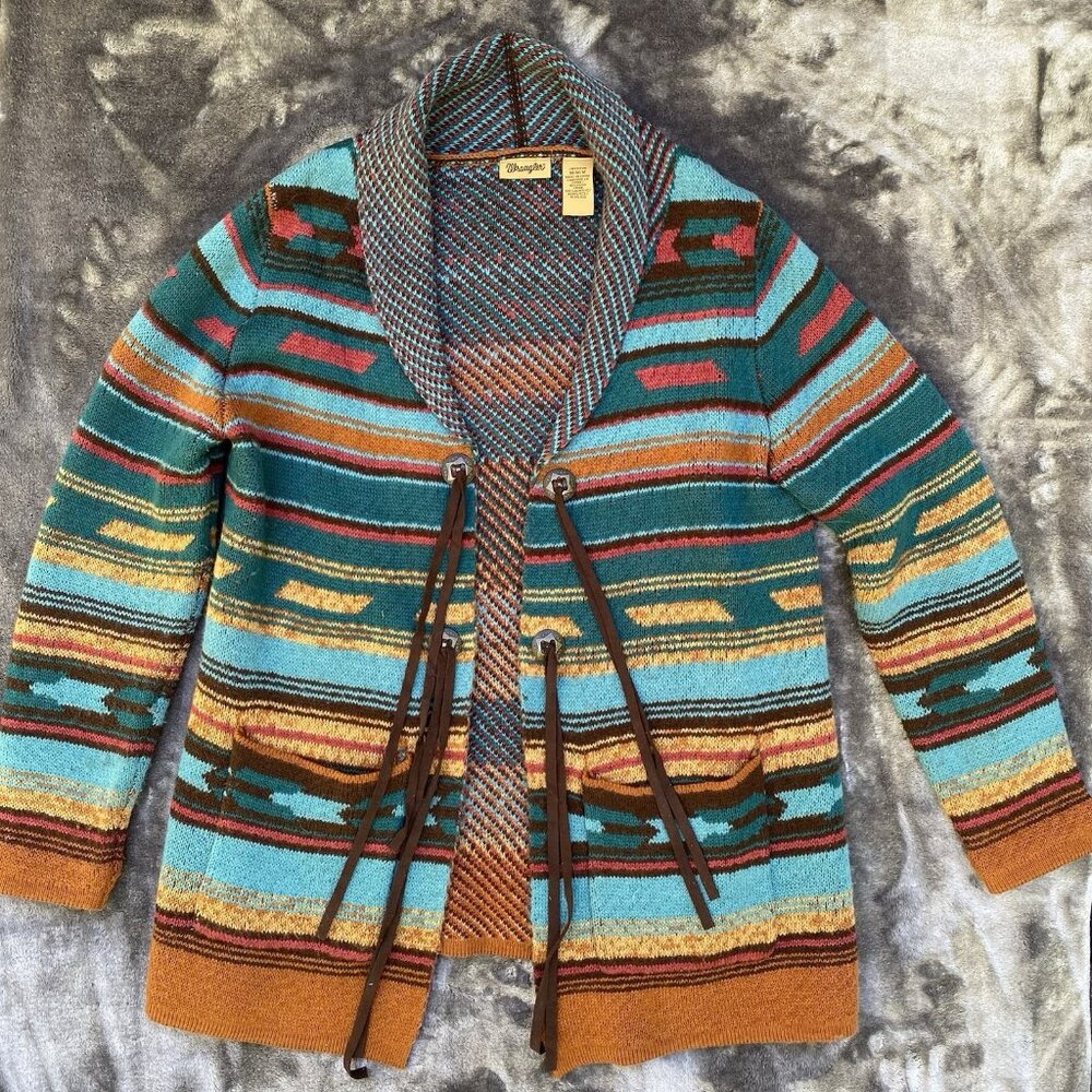 Womens Wrangler Western Cardigan Knitted Sweater Size M Fringe Aztec Cowgirl